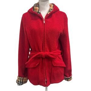 Sandro Red Boucle Teddy Tie-Waist Hooded Coat Plaid Check Accent Preppy‎ Medium
